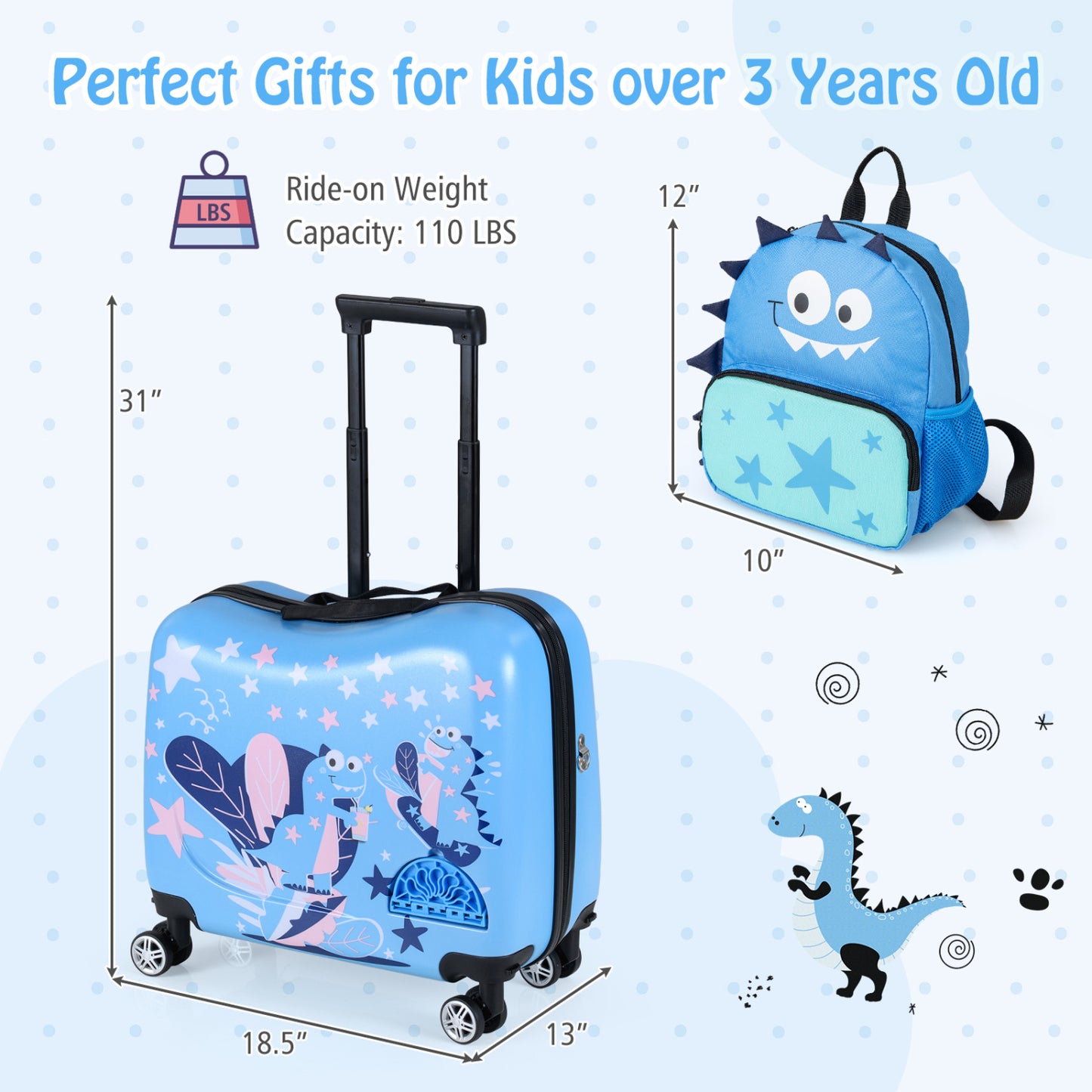 Kids Ride-on Suitcase and Backpack Set with Lanyard for Travel-Blue
