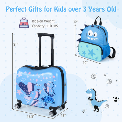 Kids Ride-on Suitcase and Backpack Set with Lanyard for Travel-Blue