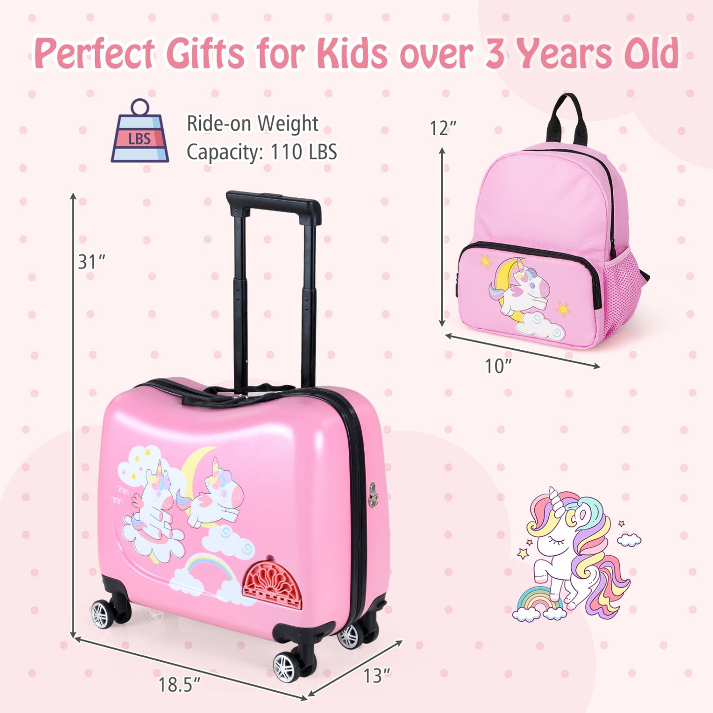 Kids Ride-on Suitcase and Backpack Set with Lanyard for Travel-Blue