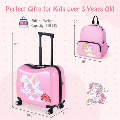 Kids Ride-on Suitcase and Backpack Set with Lanyard for Travel-Blue