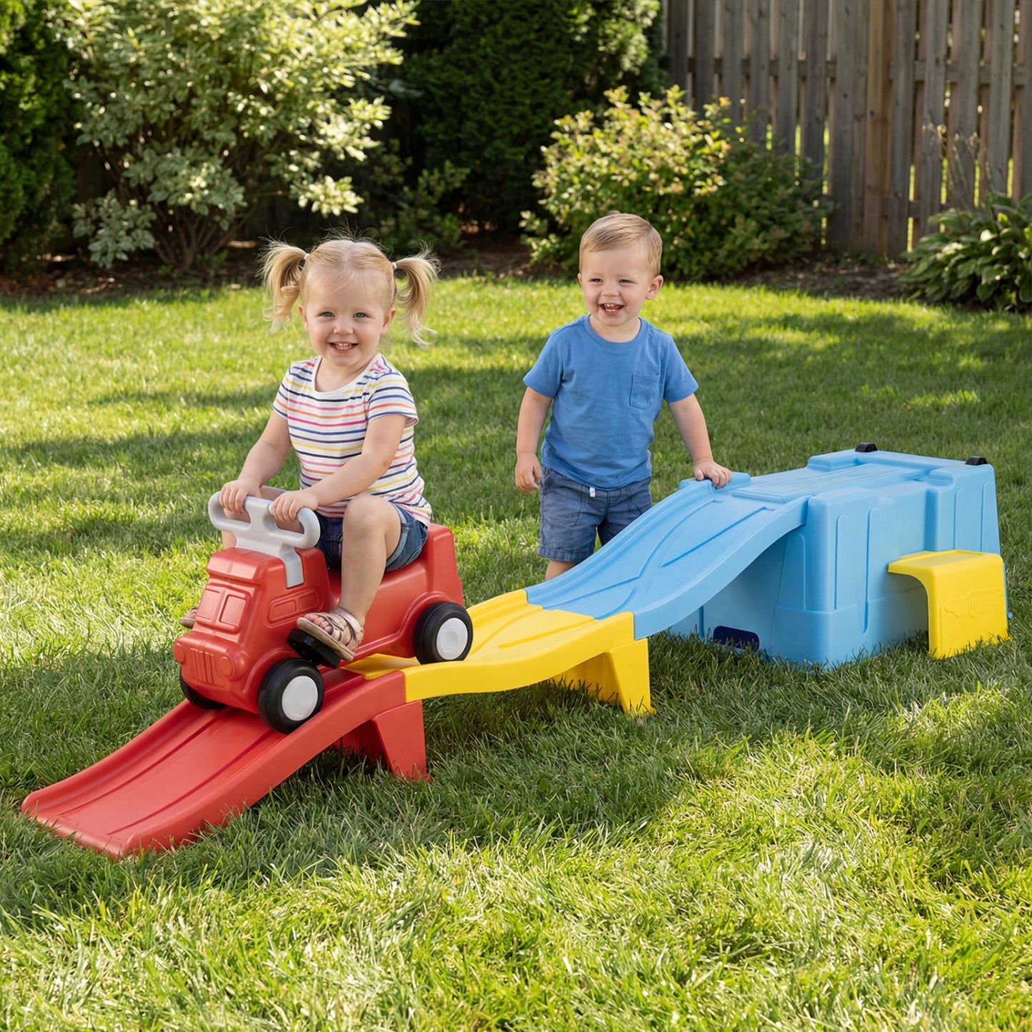 Kids Ride on Toy with Storage Box and Downhill Race Tracks-Multicolor