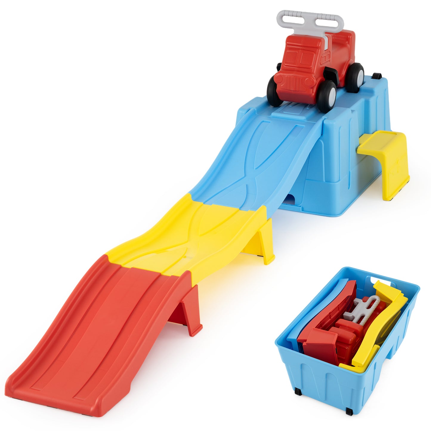 Kids Ride on Toy with Storage Box and Downhill Race Tracks-Multicolor