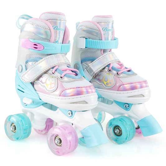 Kids Roller Skates 4 Sizes Adjustable Quad Skates with Light-up Wheels and Safety Protection-Navy