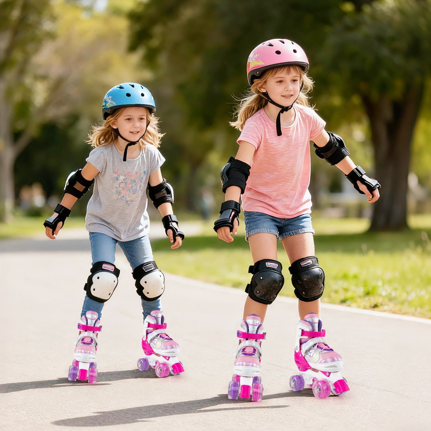 Kids Roller Skates 4 Sizes Adjustable Quad Skates with Light-up Wheels-Navy
