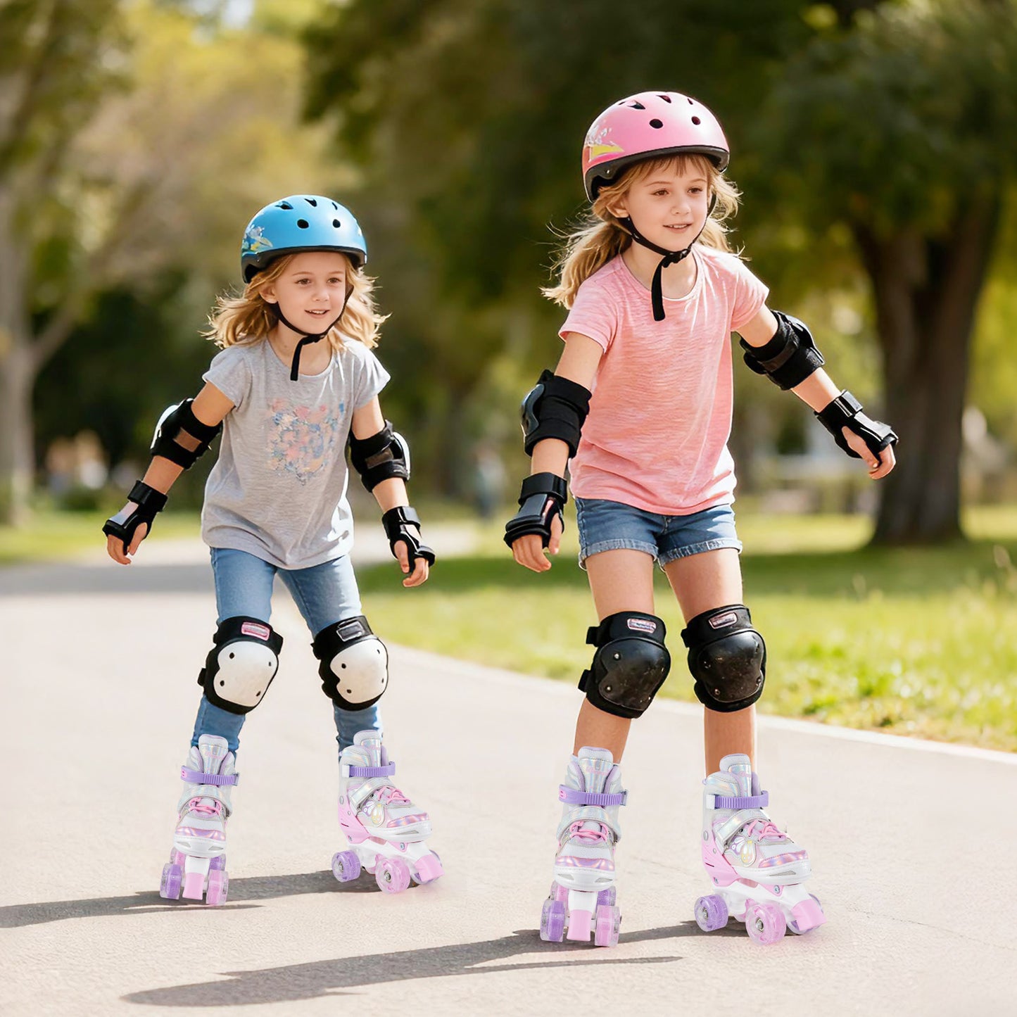 Kids Roller Skates 4 Sizes Adjustable Quad Skates with Light-up Wheels-Navy