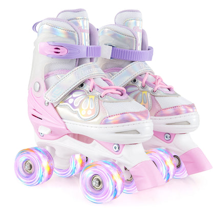 Kids Roller Skates 4 Sizes Adjustable Quad Skates with Light-up Wheels-Navy