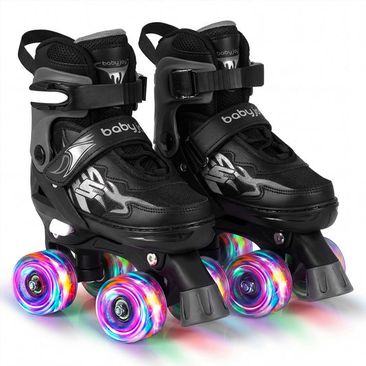 Kids Roller Skates for Girls Boys 4 Sizes Adjustable Quad Skates with Light-up Wheels-Black