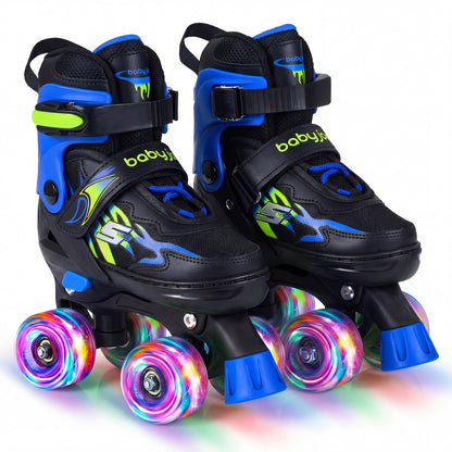 Kids Roller Skates for Girls Boys 4 Sizes Adjustable Quad Skates with Light-up Wheels-Black