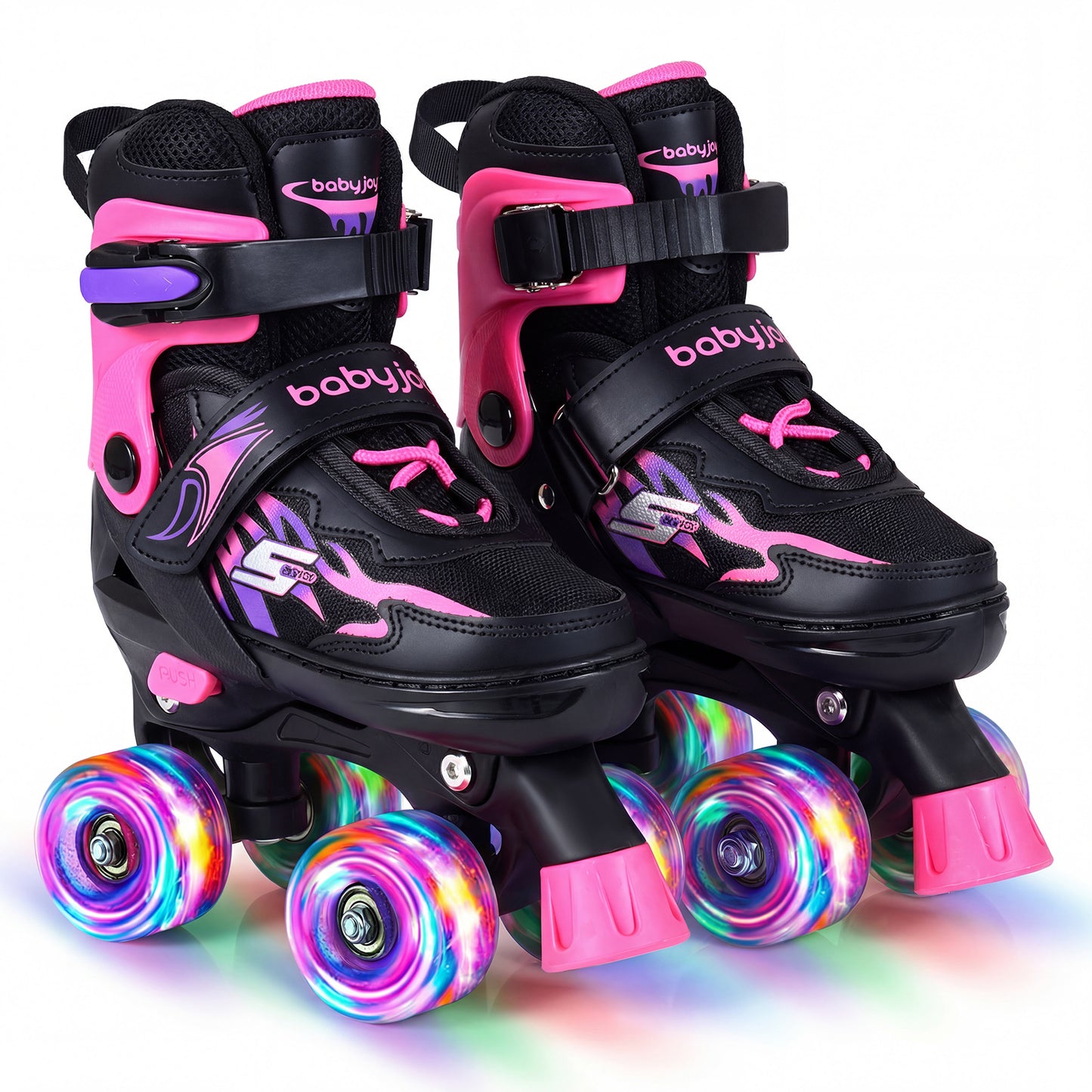 Kids Roller Skates for Girls Boys 4 Sizes Adjustable Quad Skates with Light-up Wheels-Black