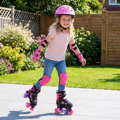 Kids Roller Skates for Girls Boys 4 Sizes Adjustable Quad Skates with Light-up Wheels-Black
