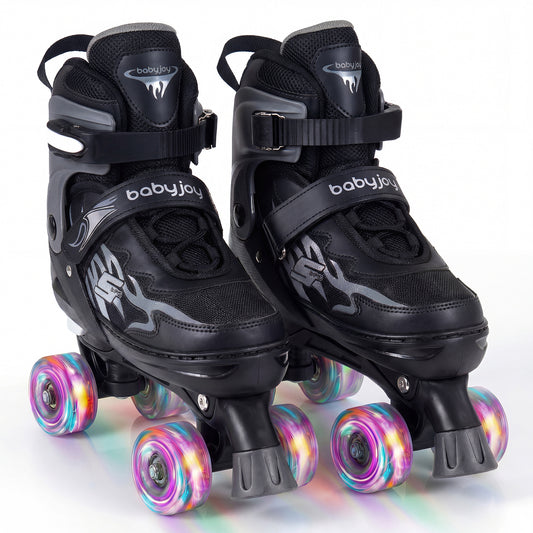 Kids Roller Skates for Girls Boys Teens 4 Sizes Adjustable Quad Skates with Light-up Wheels-Black