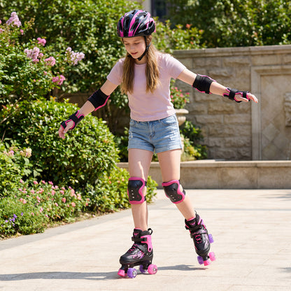 Kids Roller Skates for Girls Boys Teens 4 Sizes Adjustable Quad Skates with Light-up Wheels-Black