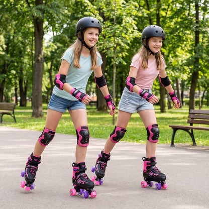 Kids Roller Skates for Girls Boys Teens 4 Sizes Adjustable Quad Skates with Light-up Wheels-Black