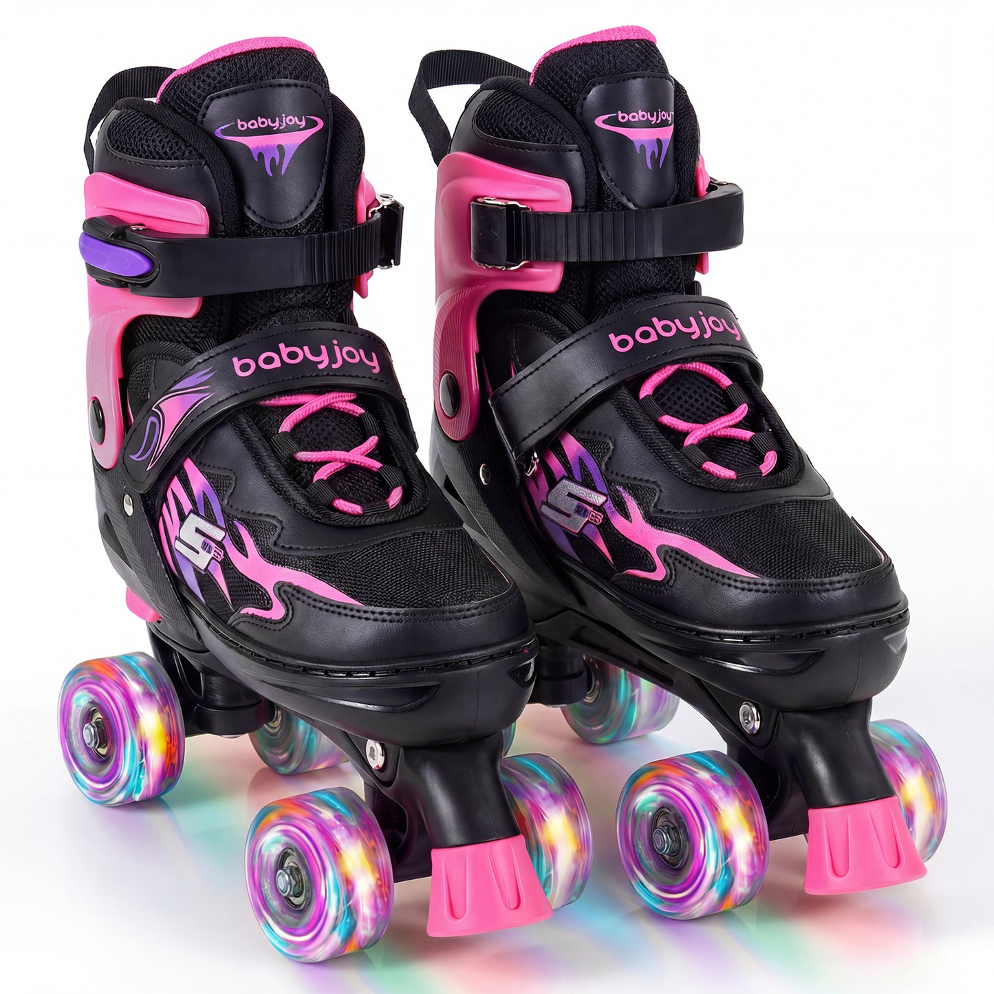 Kids Roller Skates for Girls Boys Teens 4 Sizes Adjustable Quad Skates with Light-up Wheels-Black