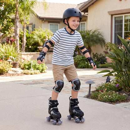 Kids Roller Skates for Girls Boys 4 Sizes Adjustable Quad Skates with Light-up Wheels for Outdoor-Black