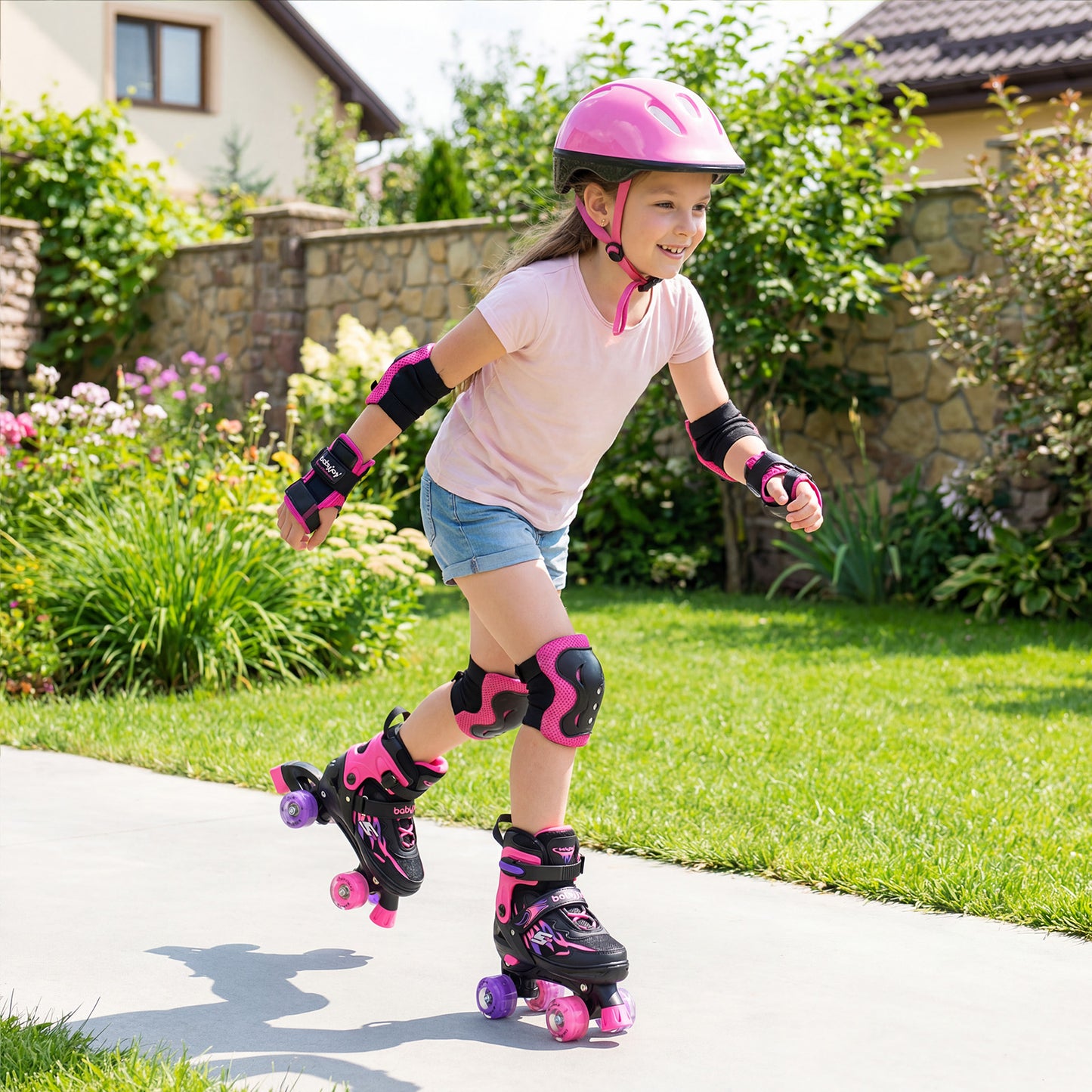 Kids Roller Skates for Girls Boys 4 Sizes Adjustable Quad Skates with Light-up Wheels for Outdoor-Black