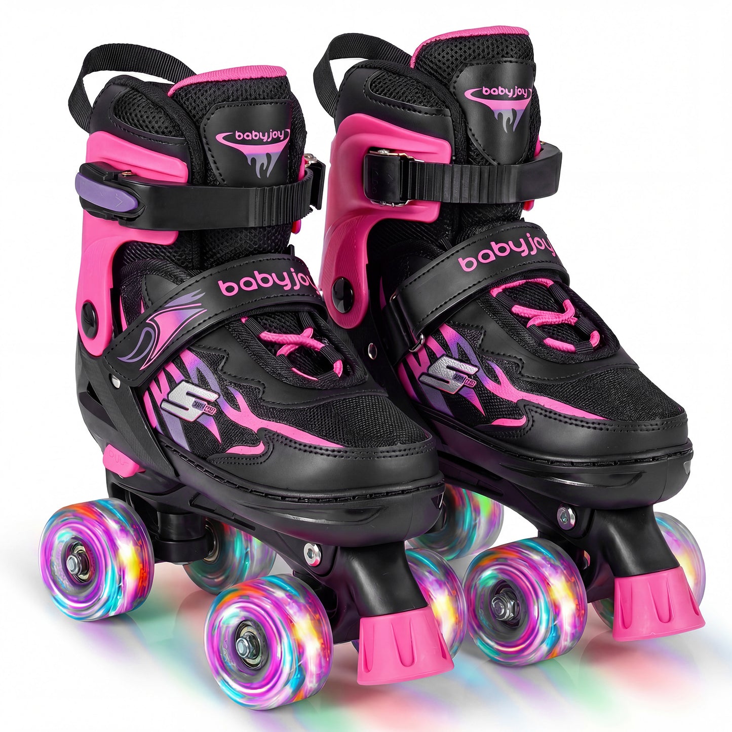 Kids Roller Skates for Girls Boys 4 Sizes Adjustable Quad Skates with Light-up Wheels for Outdoor-Black