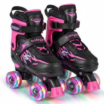 Kids Roller Skates for Girls Boys 4 Sizes Adjustable Quad Skates with Light-up Wheels for Outdoor-Black