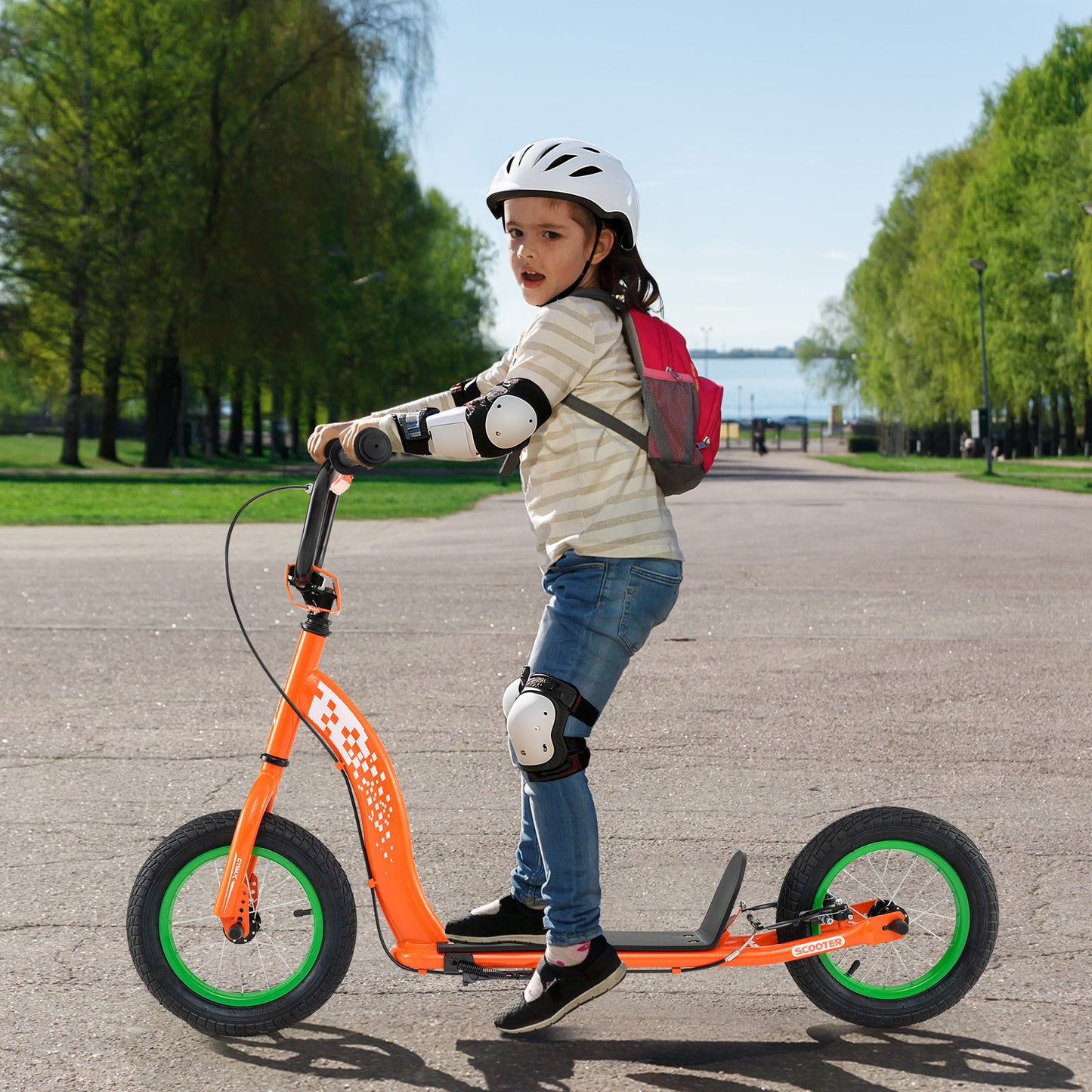 Kids Scooter Youth Kick Scooter with Adjustable Height Handlebar 12-Inch Inflatable Wheels-Navy