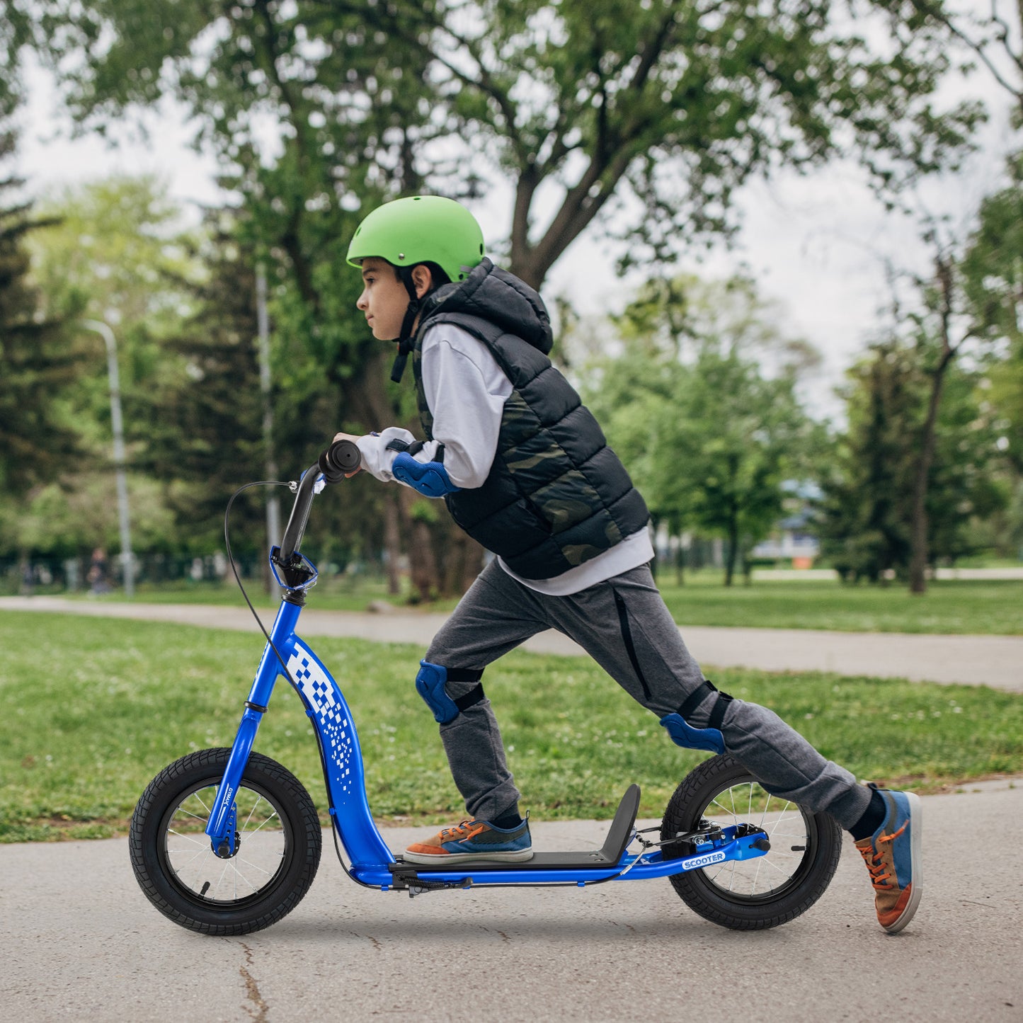 Kids Scooter Youth Kick Scooter with Adjustable Height Handlebar 12-Inch Inflatable Wheels-Navy