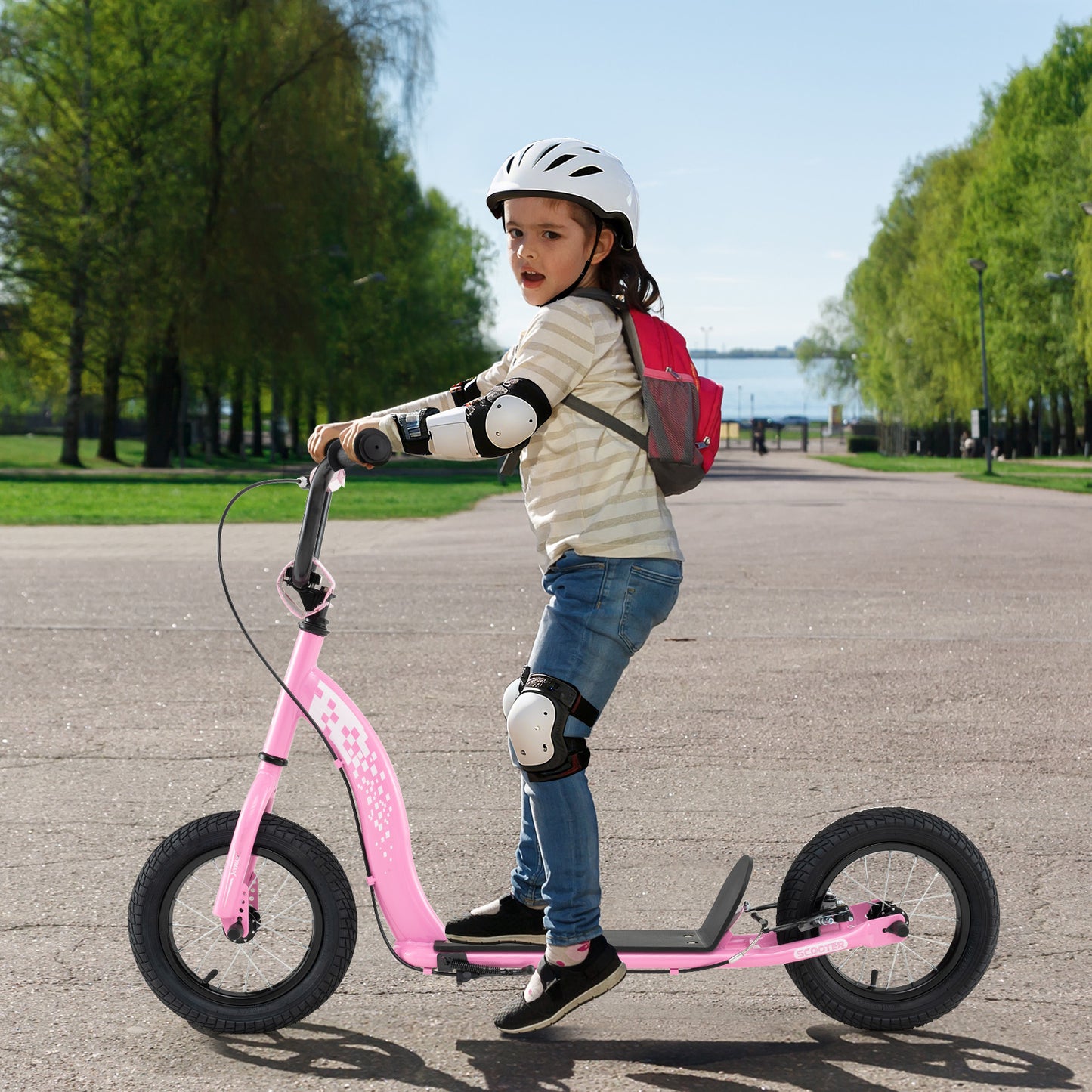Kids Scooter Youth Kick Scooter with Adjustable Height Handlebar 12-Inch Inflatable Wheels-Navy