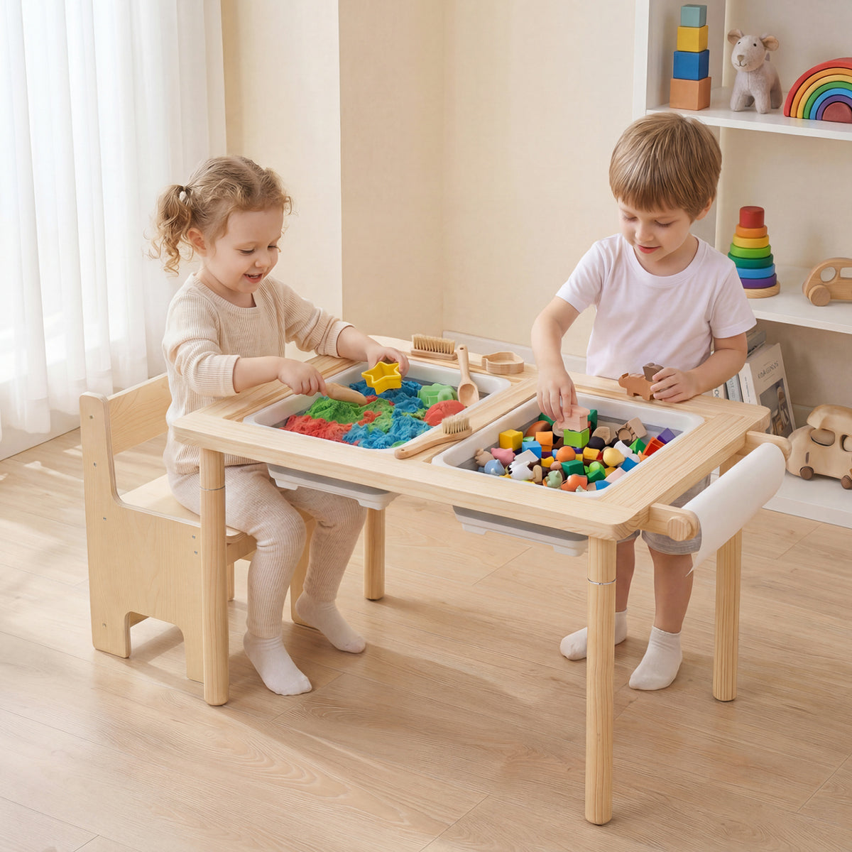 Kids sensory table set with adjustable height and two storage bins, natural wood finish, for toddler and kids play and learning.