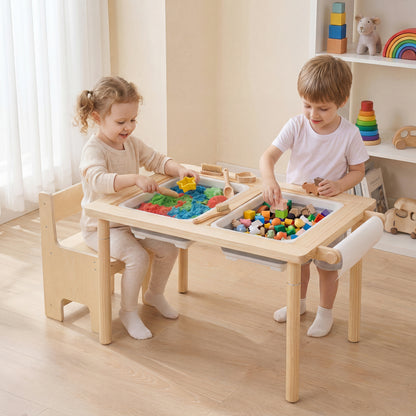 Kids sensory table set with adjustable height and two storage bins, natural wood finish, for toddler and kids play and learning.