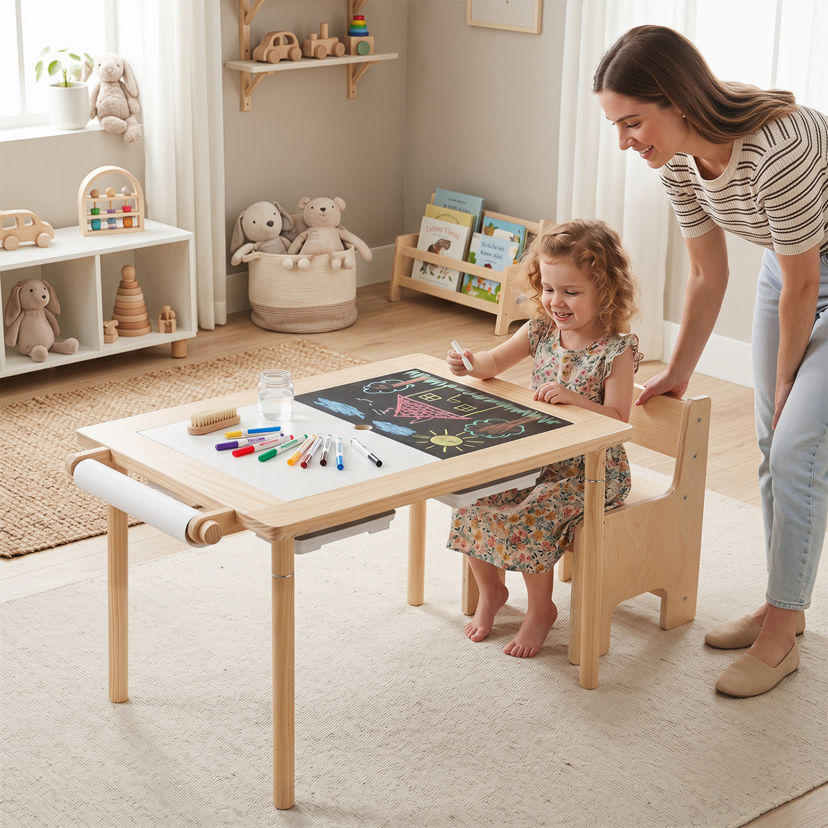 Kids sensory table set with adjustable height and two storage bins, natural wood finish, for toddler and kids play and learning.