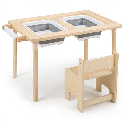 Kids sensory table set by Wilsons Home Store with adjustable height and two storage bins, designed for toddlers and kids.