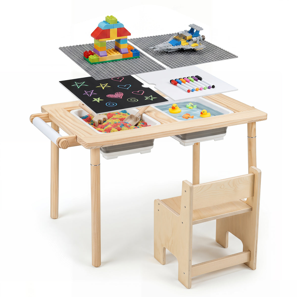 Kids sensory table set with adjustable height and two storage bins, designed for toddlers and kids, natural wood finish.