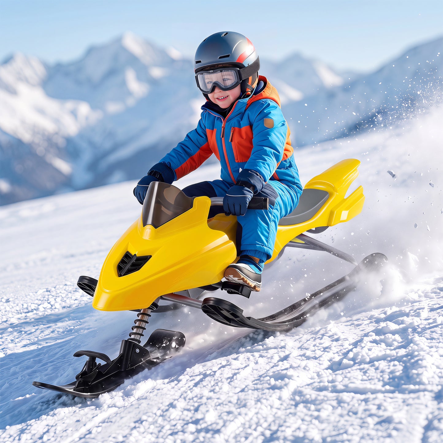 Kids Snow Racer Sled with Brakes & Tow Ropes and Steering Handle for Winter-Blue