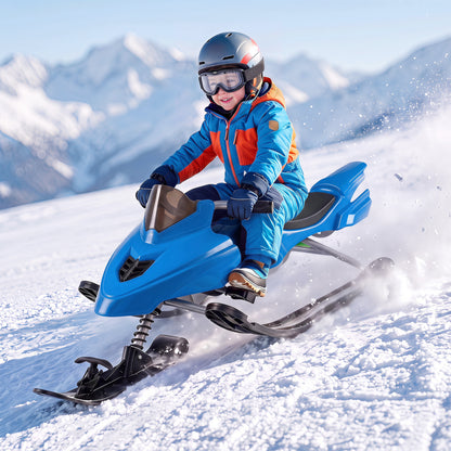 Kids Snow Racer Sled with Brakes & Tow Ropes and Steering Handle for Winter-Blue