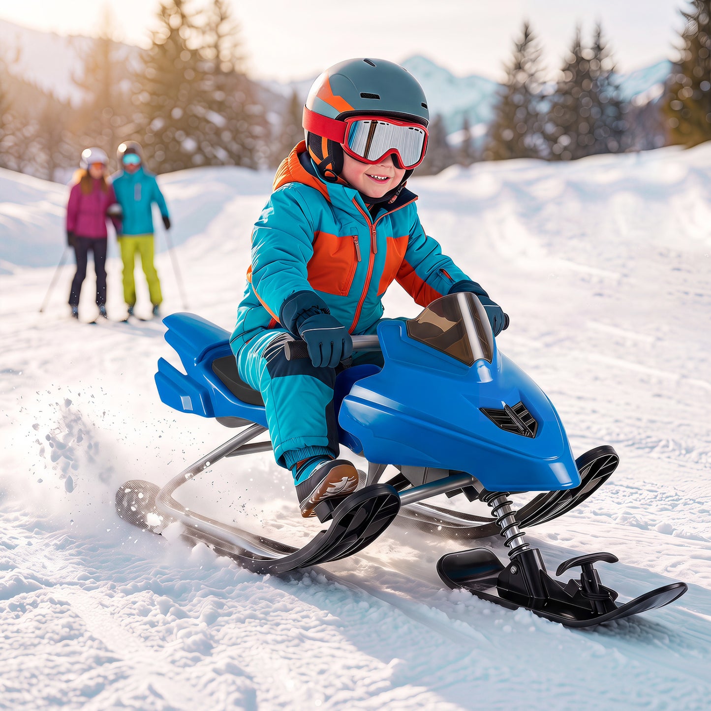Kids Snow Racer Sled with Brakes & Tow Ropes and Steering Handle for Winter-Blue