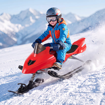 Kids Snow Racer Sled with Brakes & Tow Ropes and Steering Handle for Winter-Blue