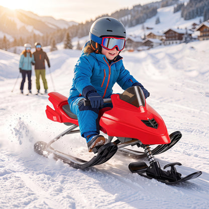 Kids Snow Racer Sled with Brakes & Tow Ropes and Steering Handle for Winter-Blue