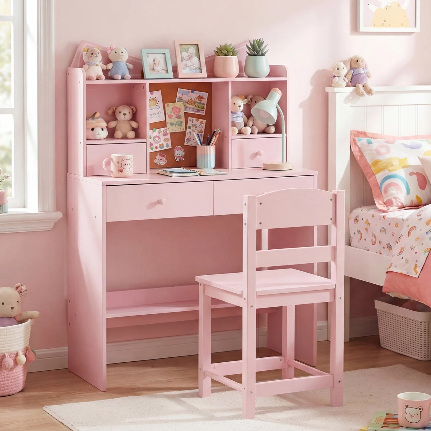 Kids Study Desk and Chair Set Student Writing Table with Chair Open Shelves Cork Bulletin Board-Pink