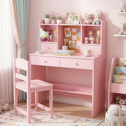 Kids Study Desk and Chair Set Student Writing Table with Chair Open Shelves Cork Bulletin Board-Pink