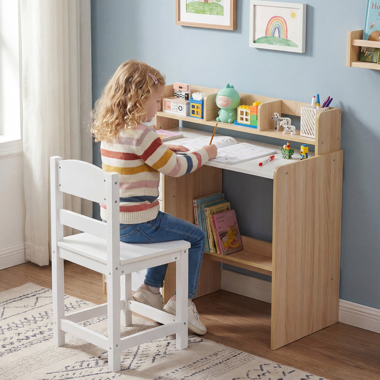 Kids Study Desk and Chair Set Wooden Children Writing Desk with Hutch and Storage Shelf for Arts-Natural