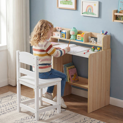 Kids Study Desk and Chair Set Wooden Children Writing Desk with Hutch and Storage Shelf for Arts-Natural