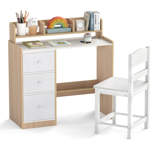 Kids Study Desk and Chair Set Wooden Children Writing Desk with Hutch and Storage Shelf for Arts-Natural