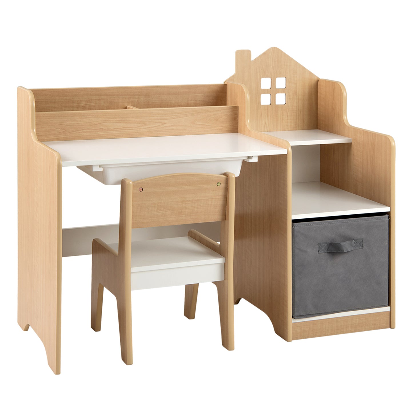 Kids Study Desk and Chair Set with Open Shelves Drawer and Fabric Storage Bin-Gray