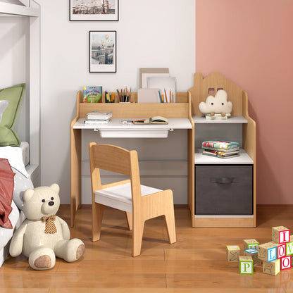 Kids Study Desk and Chair Set with Open Shelves Drawer and Fabric Storage Bin-Gray