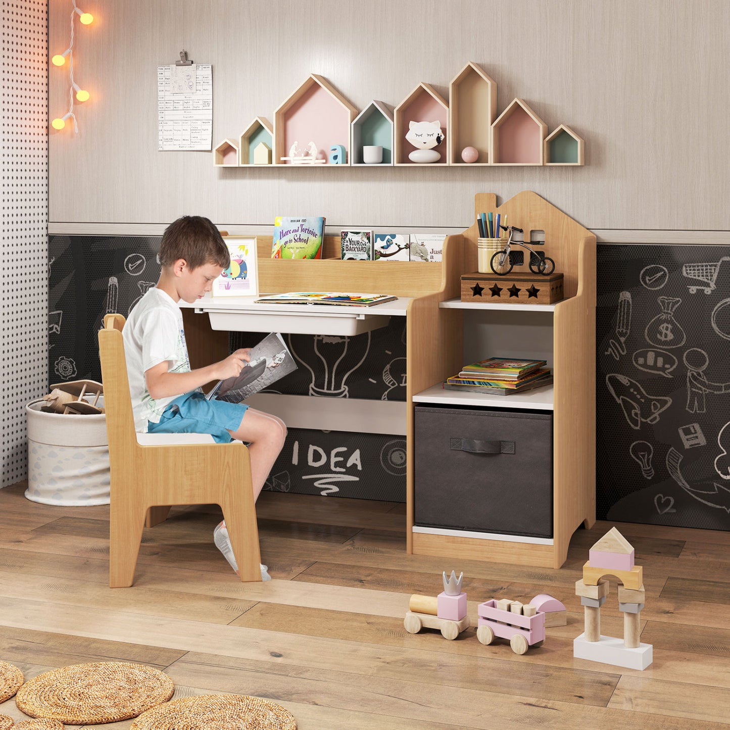 Kids Study Desk and Chair Set with Open Shelves Drawer and Fabric Storage Bin-Gray