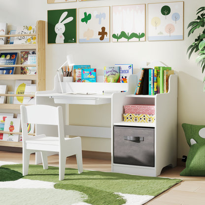 Kids Study Desk and Chair Set with Open Shelves Drawer and Fabric Storage Bin-Gray