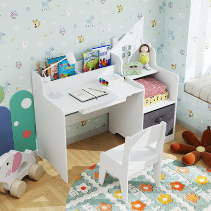 Kids Study Desk and Chair Set with Open Shelves Drawer and Fabric Storage Bin-Gray