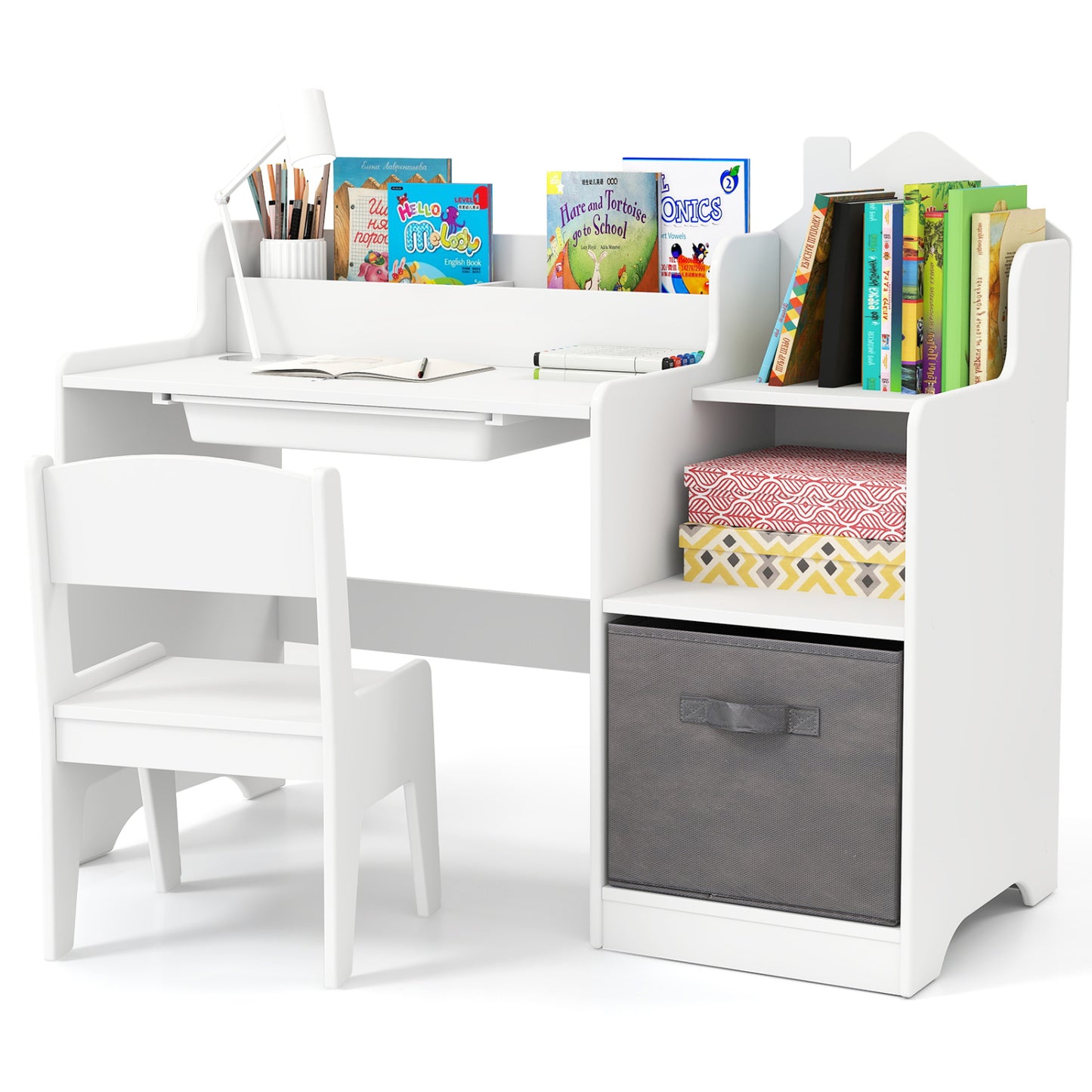 Kids Study Desk and Chair Set with Open Shelves Drawer and Fabric Storage Bin-Gray
