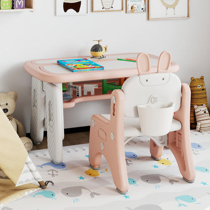 Pink kids table and chair set with a flip-top bookshelf, designed for toddlers and kids, by Direct by Wilsons Home Store.