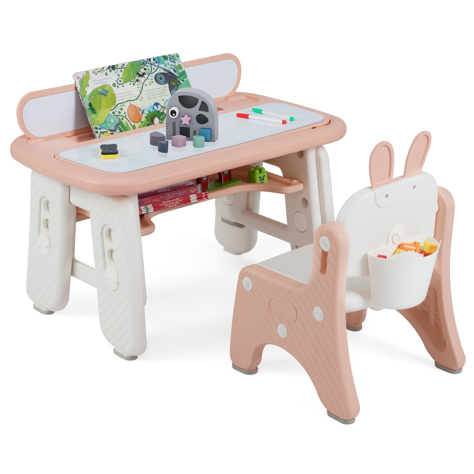 Pink kids table and chair set with flip-top bookshelf for toddlers, featuring sturdy wooden construction and colorful design.
