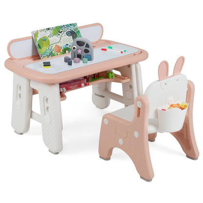 Pink kids table and chair set with flip-top bookshelf for toddlers, featuring sturdy wooden construction and colorful design.