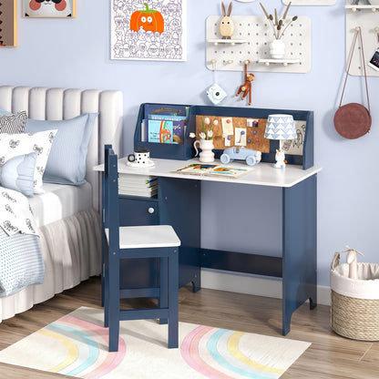 Kids Table and Chair Set with Bookshelf and Cabinet Study Table for Bedroom-Blue